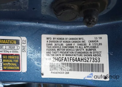 2010 Honda Civic Lx-S z USA, uszkodzony, nr VIN 2HGFA1F64AH527353